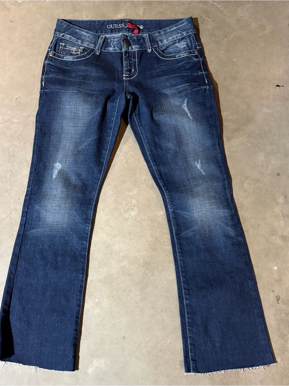 GUESS Women's Dark Blue Flare Jeans with Subtle Distressing